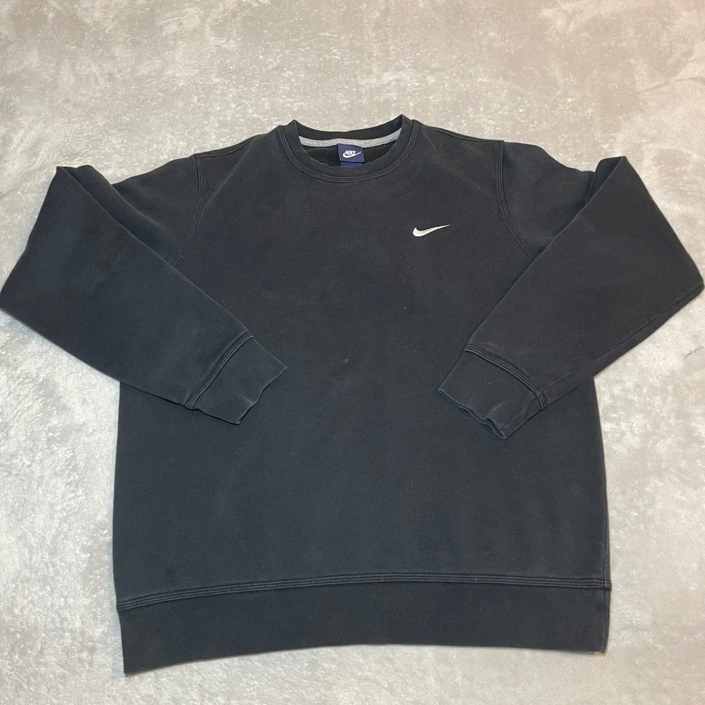 Nike Sweatshirt Men Large Black Crewneck Embroidered Mini Swoosh Fleece Pullover